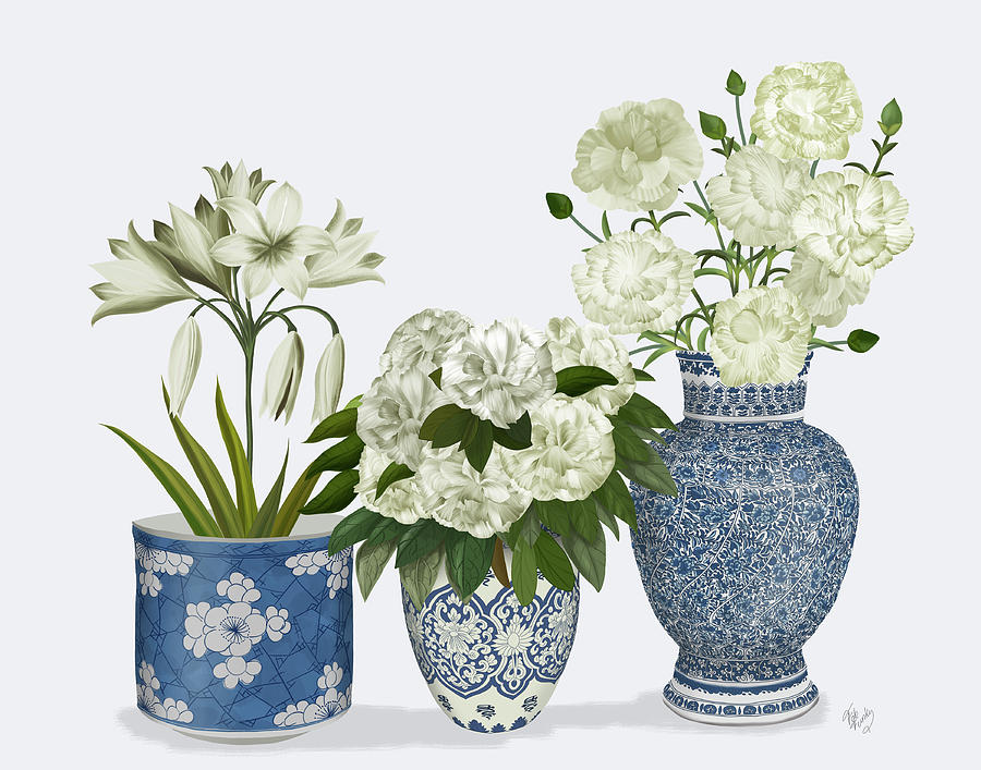 Chinoiserie Flower Trio 1, Blue Painting by Fab Funky