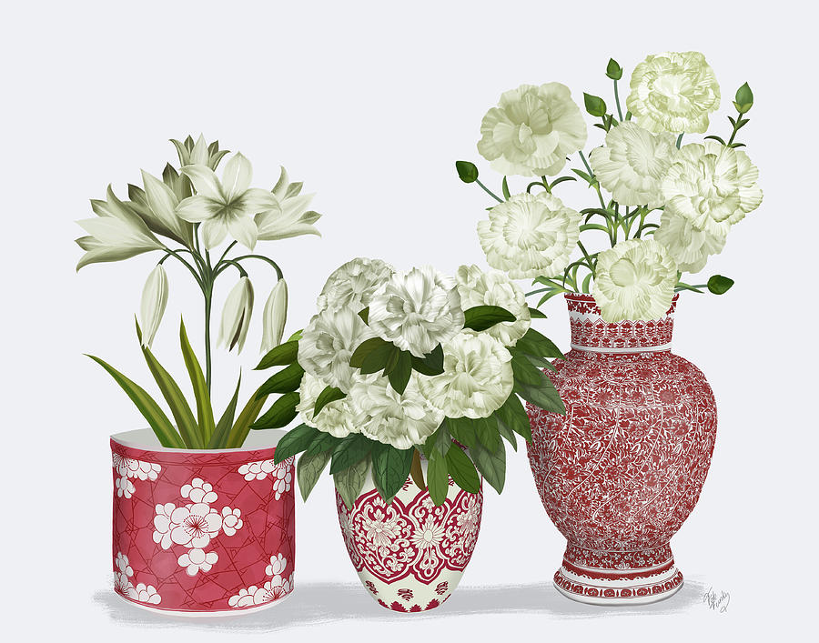 Chinoiserie Flower Trio 1, Red Painting by Fab Funky