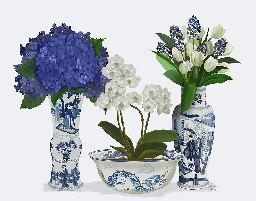 Chinoiserie Flower Trio 2, Blue Painting by Fab Funky