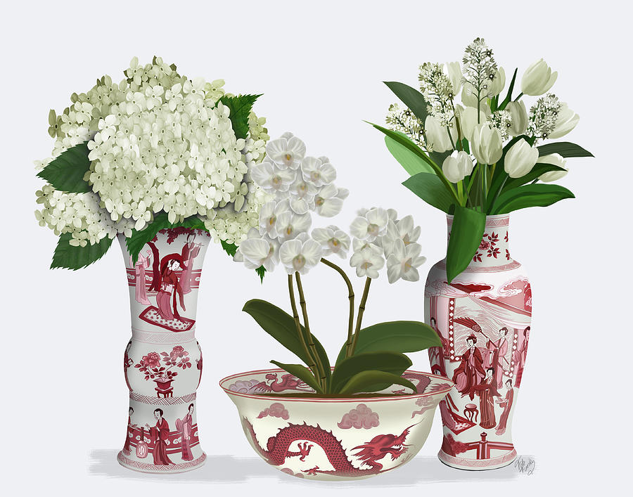 Chinoiserie Flower Trio 2, Red Painting by Fab Funky