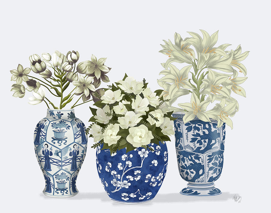 Chinoiserie Flower Trio 3, Blue Painting by Fab Funky