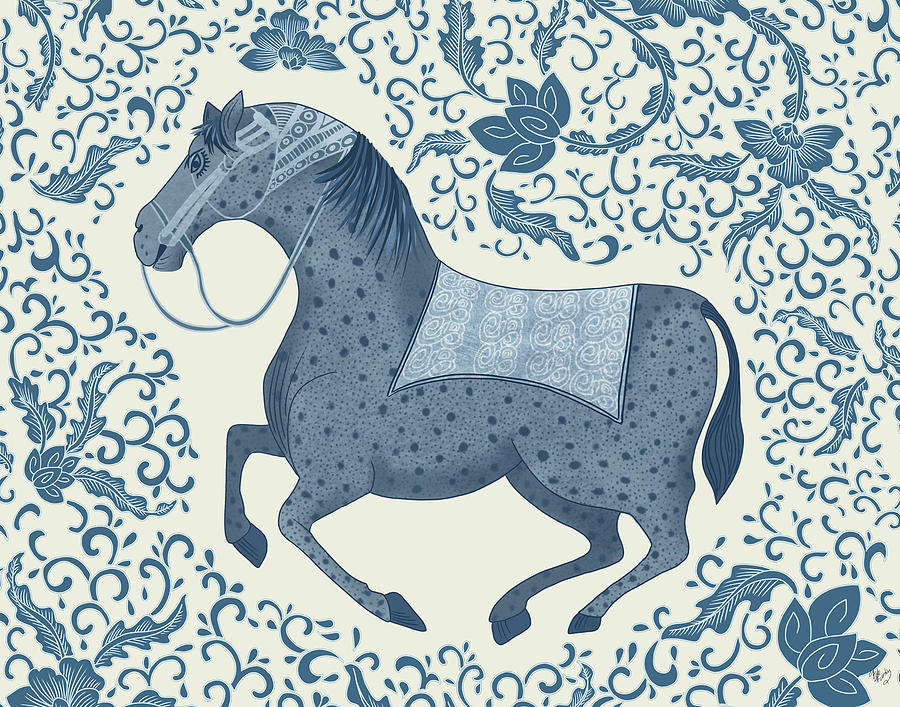 Horse Painting - Chinoiserie Horse Blue Back by Fab Funky