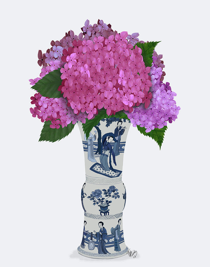 Chinoiserie Hydrangea Pink, Blue Vase Painting by Fab Funky - Fine Art