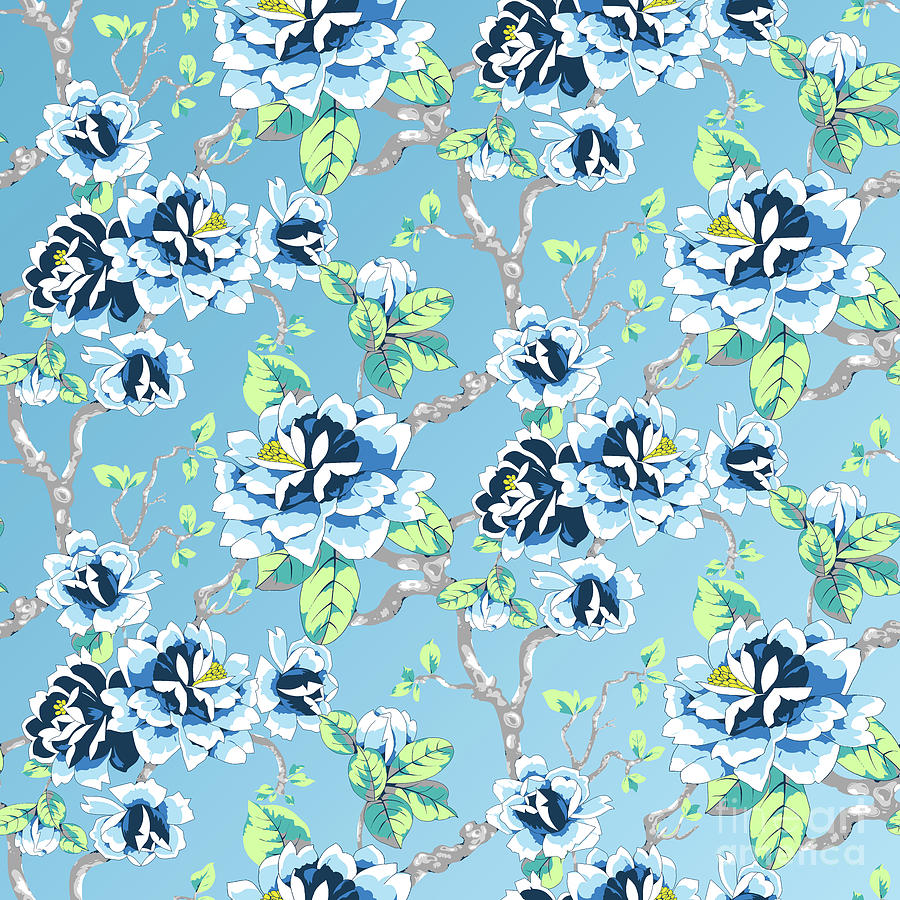 Chinoiserie Ming style Blue Floral Pattern Digital Art by Sharon Mau
