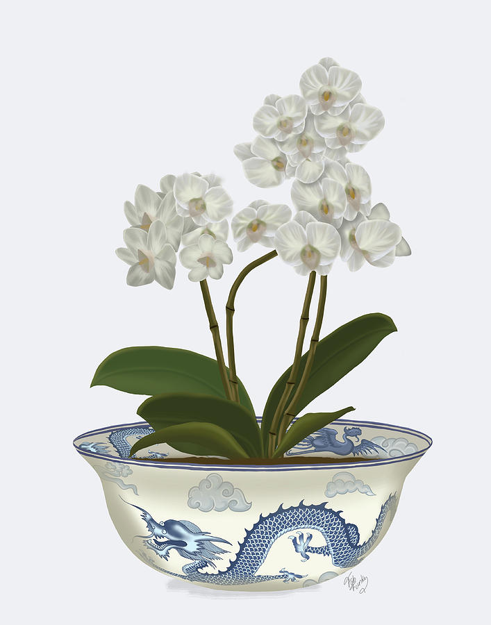 Chinoiserie Orchids White, Dragon Bowl Blue Painting by Fab Funky