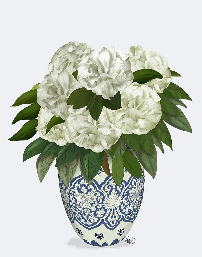 Chinoiserie Peonies White, Blue Vase Painting by Fab Funky