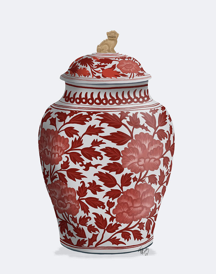 Vase Painting - Chinoiserie Vase Golden Lion Red by Fab Funky