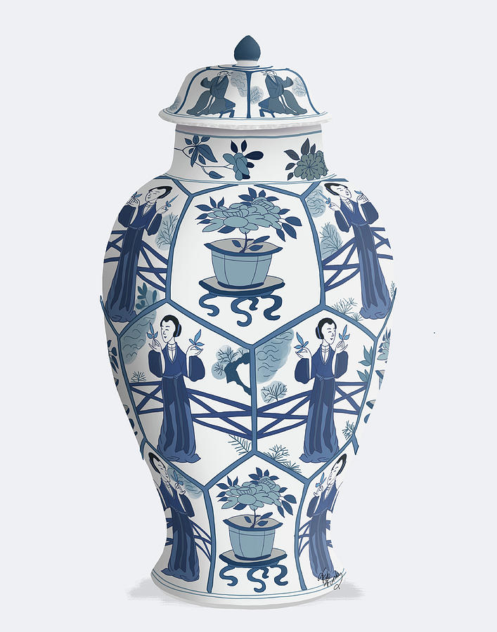 Chinoiserie Vase Leaf Picker Blue Painting by Fab Funky