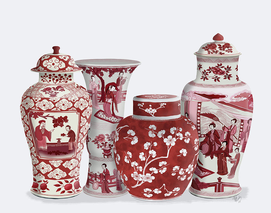 Cup Painting - Chinoiserie Vase Quartet 1, Red by Fab Funky
