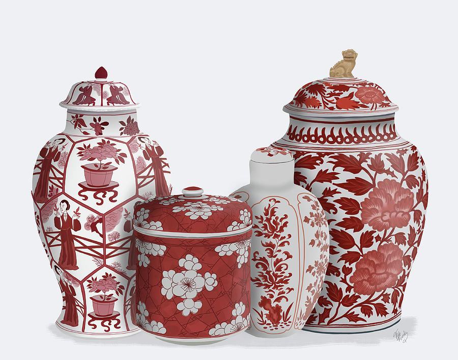 Cup Painting - Chinoiserie Vase Quartet 2, Red by Fab Funky