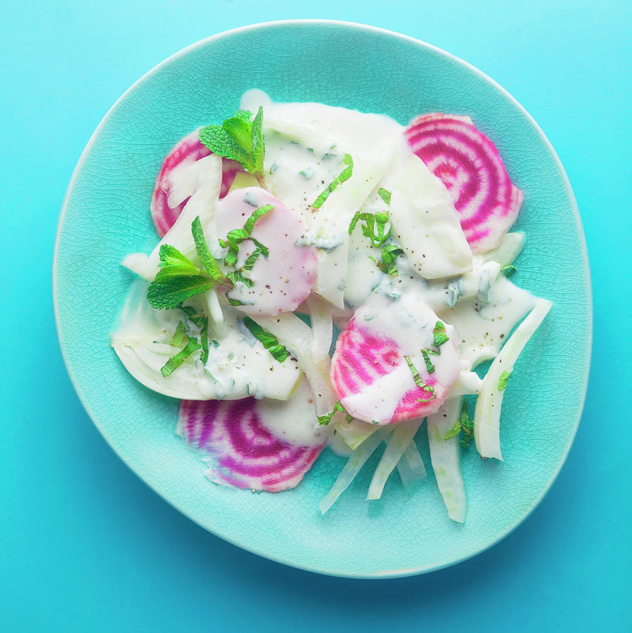 Chioggia Fennel Salad With Yoghurt And Mint Dressing On A Blue Background Photograph by Barbara Pheby