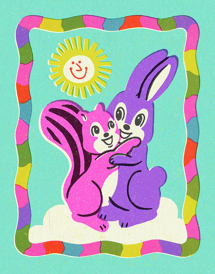 Summer Drawing - Chipmunk and Rabbit Hugging by CSA Images