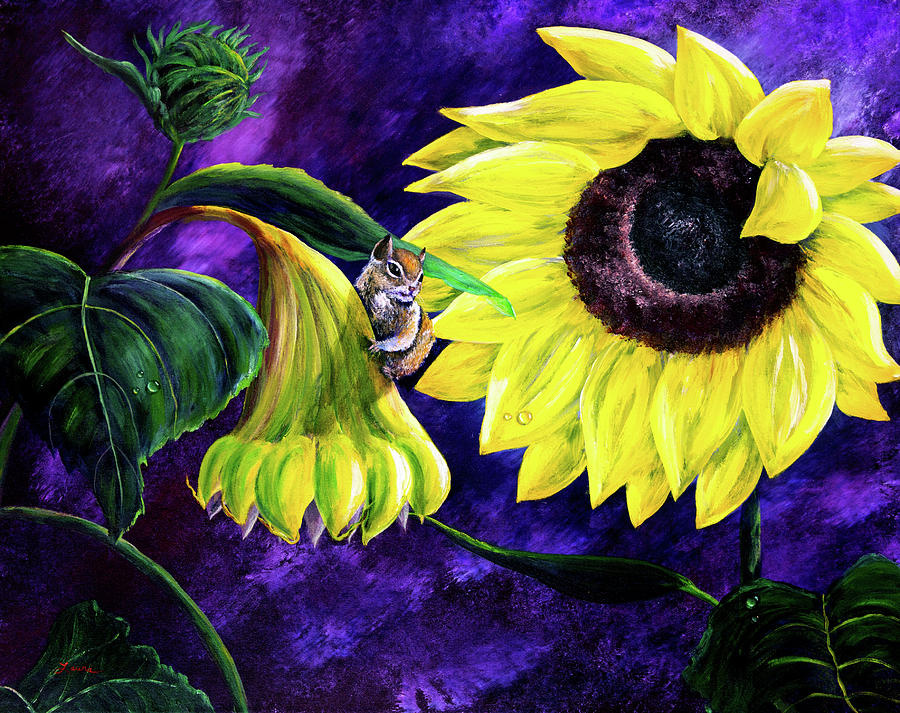 Chipmunk in Sunflowers Painting by Laura Iverson