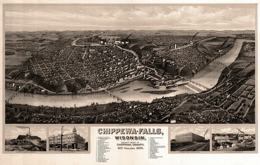 Chippewa Falls Wisconsin Antique Birdseye Map 1907 by History Prints