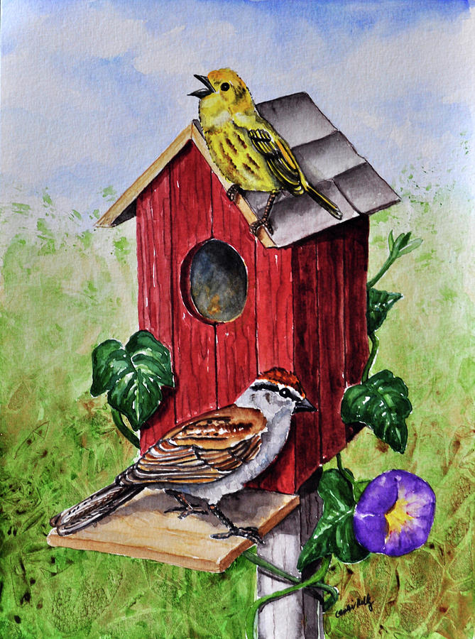 Animal Painting - Chipping Sparrow And Yellow Warbler by Charlsie Kelly