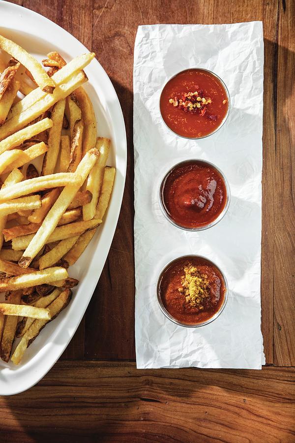 Chips With Three Different Home-made Ketchups Photograph by Cindy Haigwood