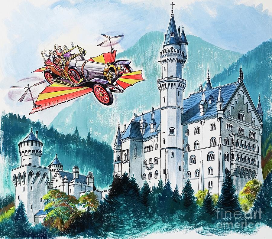 Castle Painting - Chitty Chitty Bang Bang Passes By Neushwanstein In The Bavarian Alps by Dan Escott