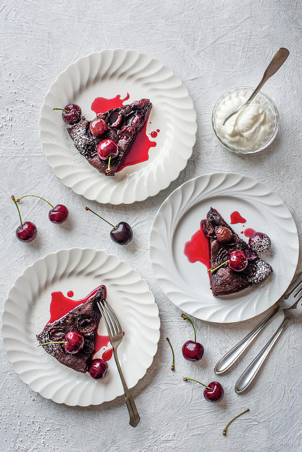 Chocolate, Amaretto And Cherry Brownie With Cream And Fresh Cherries, Sliced Photograph by Magdalena Hendey