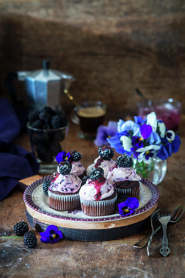 Chocolate And Blackberry Cupcakes Photograph by Irina Meliukh