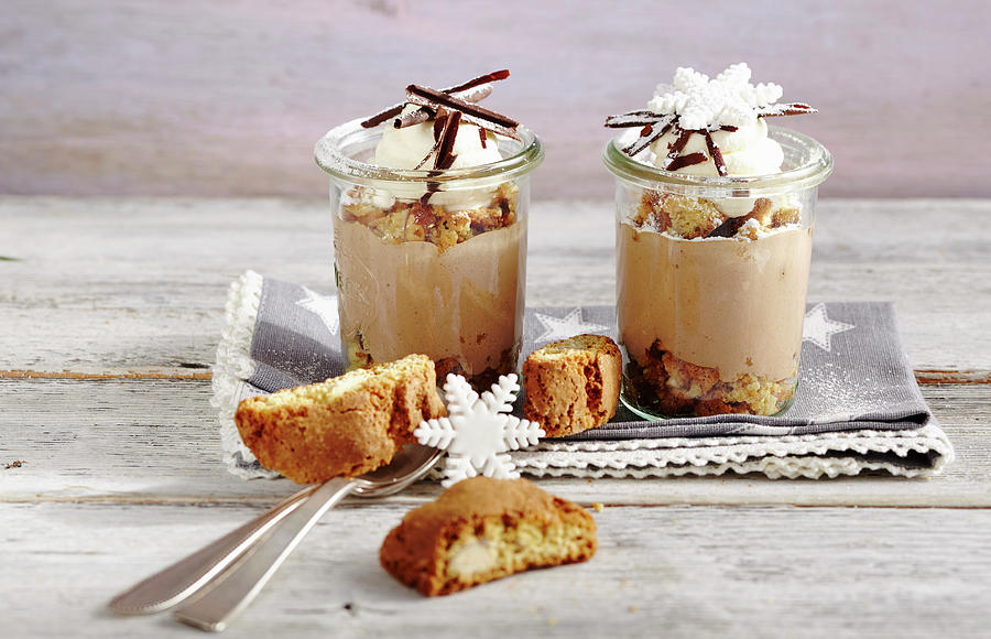 Chocolate And Espresso Cream With Cantucci And Vin Santo In Jars Photograph by Teubner Foodfoto