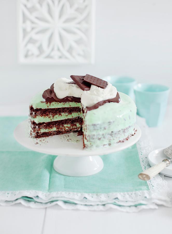Chocolate And Mint Ice Cream Gateau On A Cake Stand Photograph by Ira Leoni