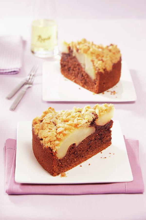 Chocolate And Pear Cake With Crumble Topping Photograph by Bender, Uwe