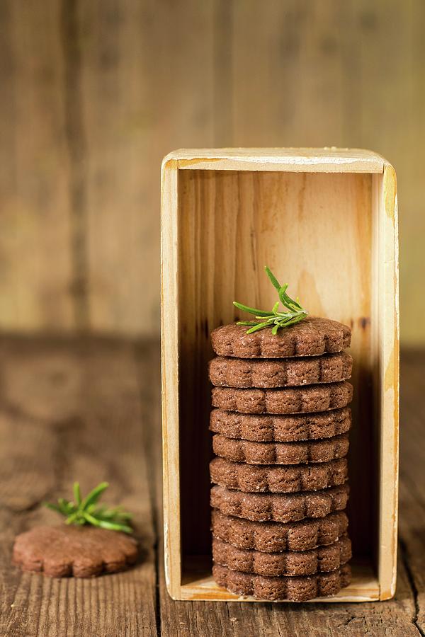 Chocolate Biscuits Stacked In A Wooden Box Photograph by Alice Del Re