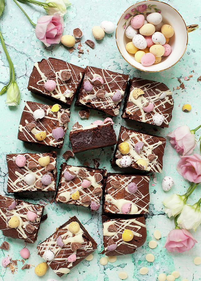 Chocolate Brownies For Easter Decorated With White Chocolate And Pastel Coloured Mini Eggs Photograph by Jane Saunders