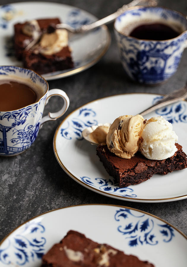Chocolate Brownies Topped With Vanilla Ice Cream And Salted Caramel Chocolate Ice Cream Photograph by Ryla Campbell