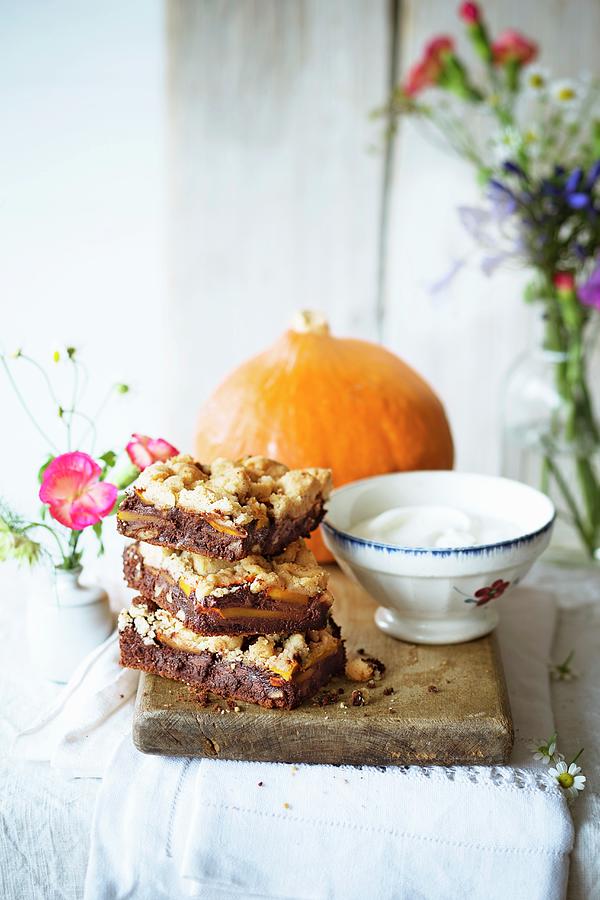 Chocolate Brownies With Pumpkin And Pecan Crumbles Photograph by Jalag / Wolfgang Schardt