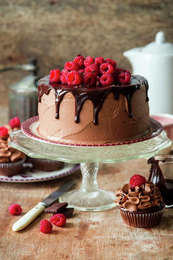 Chocolate Cake With Chocolate Icing And Raspberries Photograph by Irina Meliukh