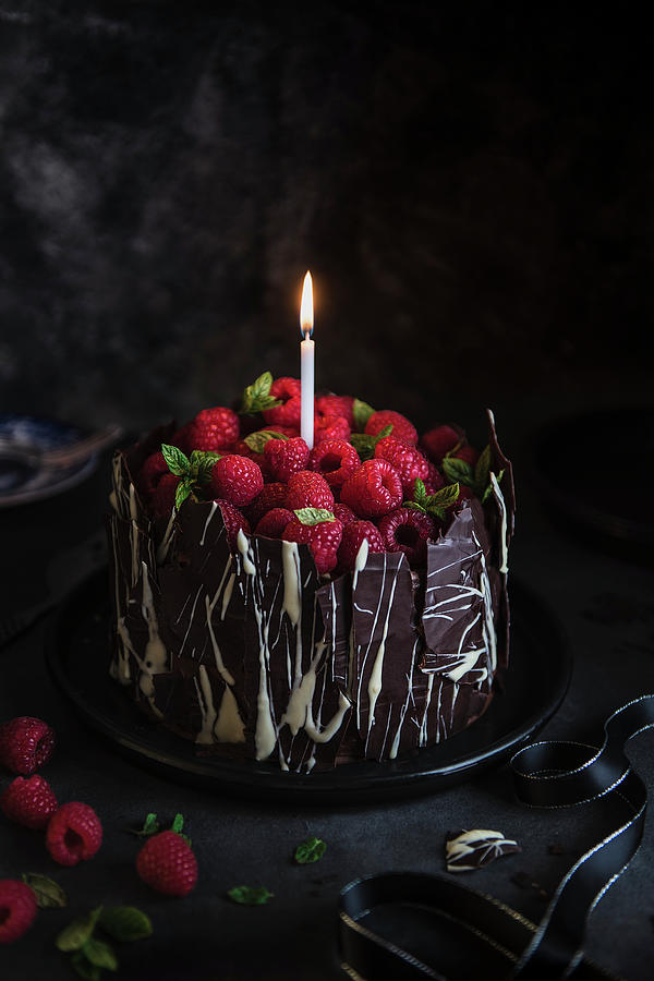 Chocolate Cake With Raspberries And Chocolate Bark Photograph by Magdalena Hendey