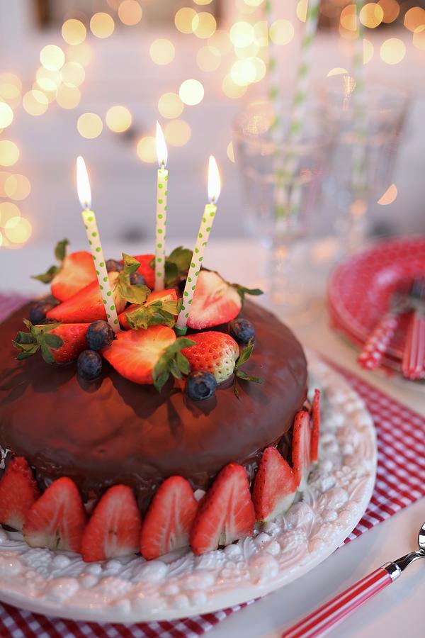 Chocolate Cake With Strawberries For A Birthday Photograph by Dorota Ryniewicz