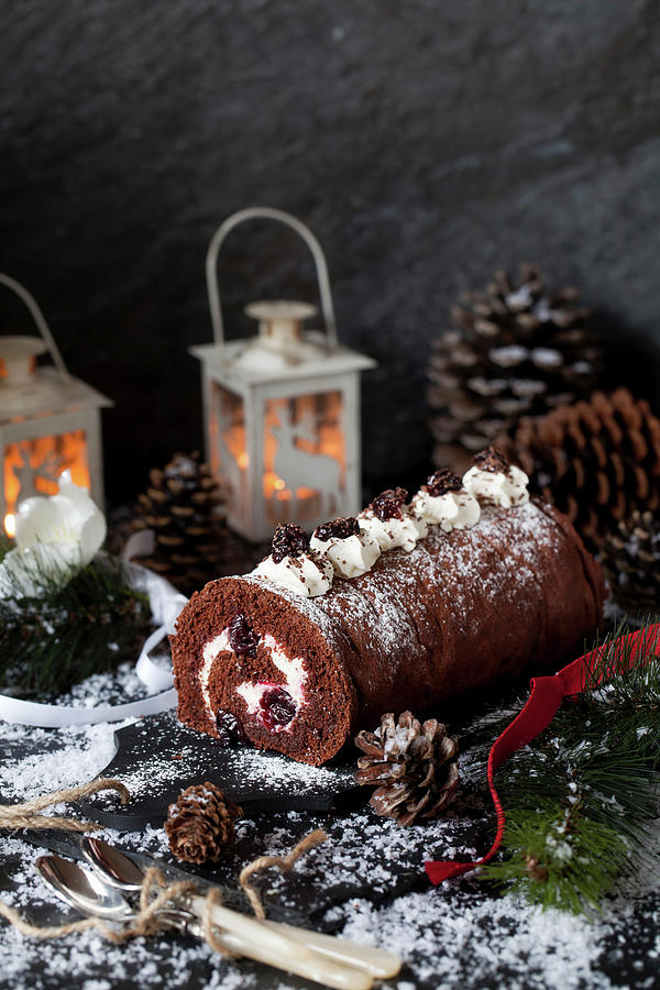 Chocolate Cherry Black Forest Yule Log Cake Photograph by Jane Saunders