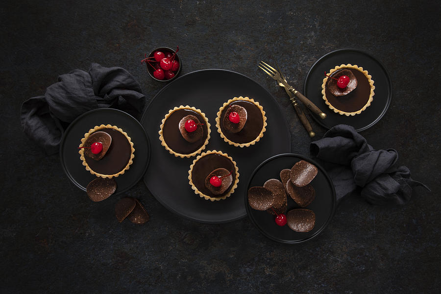 Still Life Photograph - Chocolate Cherry Tartlets by Diana Popescu