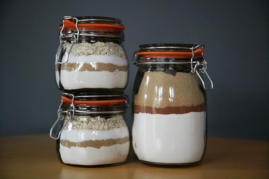 Chocolate Chip Cookie And Oatmeal Raisin Cookie Mixes In Preserving Jars Photograph by Charlotte Murphy