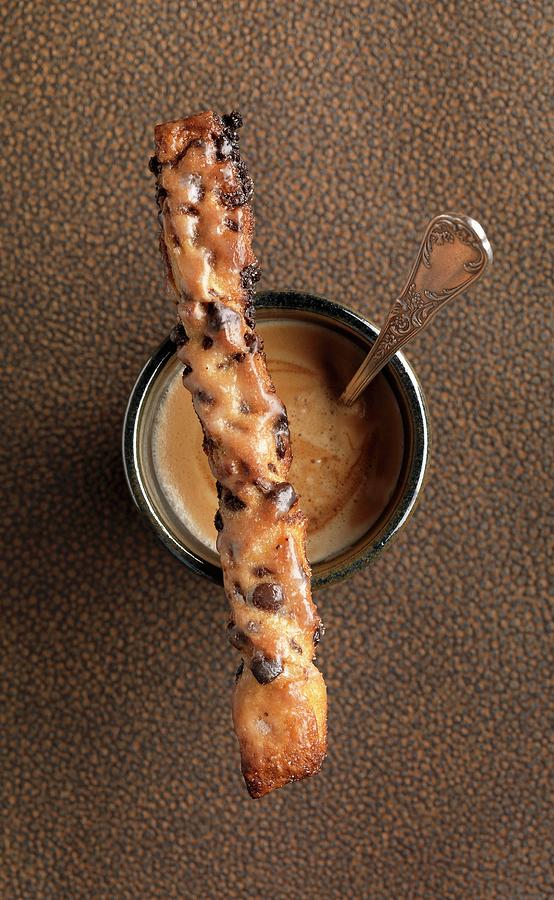 Chocolate Chip Flaky Pastry Stick And Hot Drink Photograph by Viel