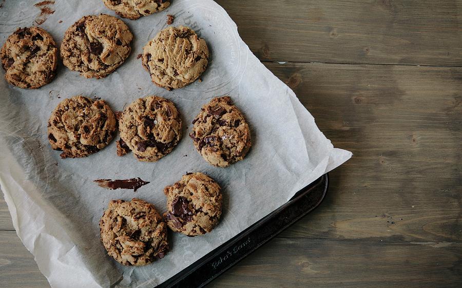 Chocolate Chunk Cookies On A Baking Tray Photograph by Debra Cowie