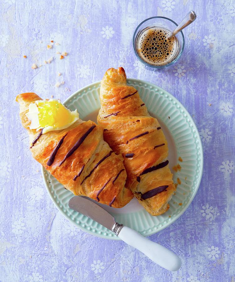 Chocolate Croissants With Butter And Passion Fruit Jam Photograph by Udo Einenkel