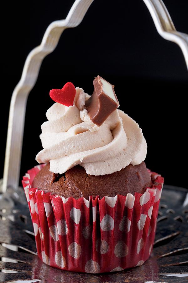 Chocolate Cupcake Decorated With Strawberry Cream And A Red Heart Photograph by Lydie Besancon