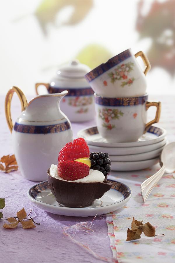 Chocolate Cups With Whipped Cream And Berries Photograph by Blueberrystudio