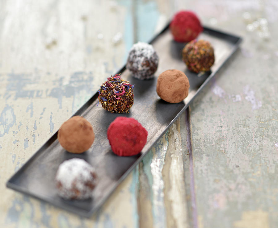 Chocolate Date And Walnut Balls With Cocoa, Coconut, Dried Petals And Fruit Powder Photograph by B.b.s Bakery