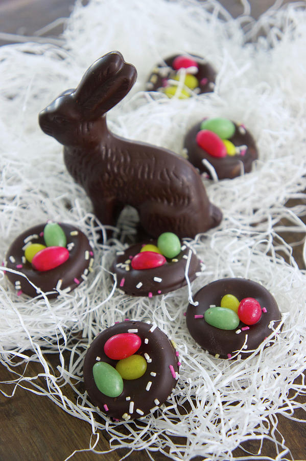 Chocolate Easter Bunny Amongst Shredded Paper And Sugar Nests Photograph by Martina Schindler