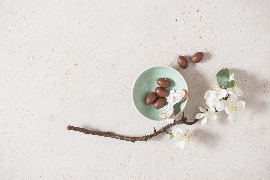 Chocolate Eggs In A Bowl Decorated With Paper Butterflies And A Sprig Of Blossom Photograph by Fotografie-lucie-eisenmann