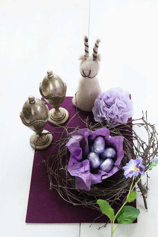 Chocolate Eggs In Easter Nest, Two Silver Eggcups And Felt Egg Cosy Photograph by Regina Hippel