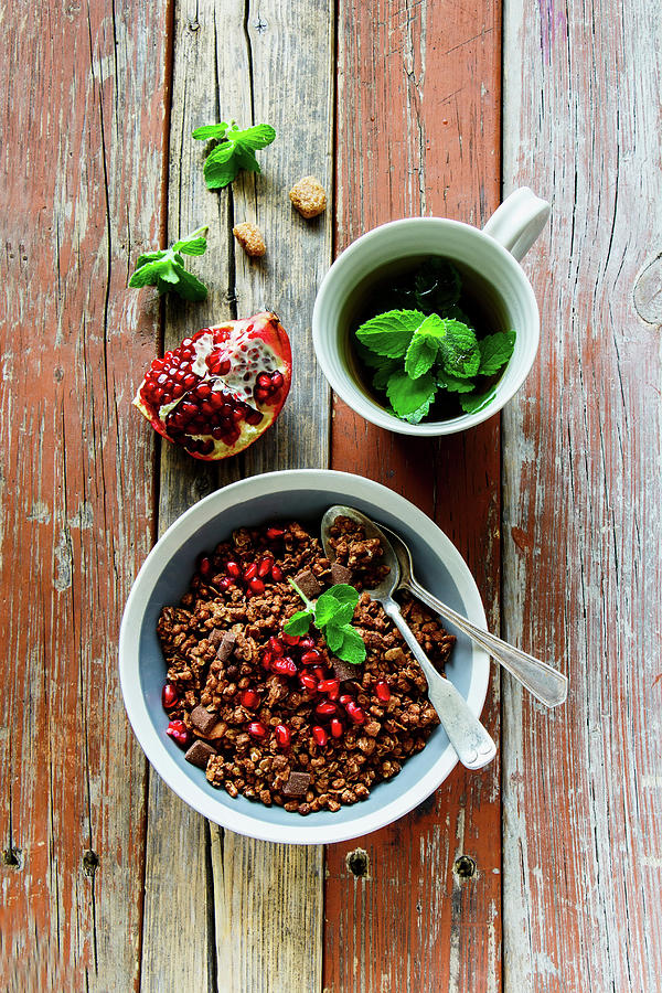 Chocolate Granola With Pomegranate And Mint Tea Photograph by Yuliya Gontar
