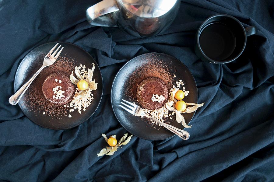 Chocolate Lava Cakes With Almonds And Physalis seen From Above Photograph by Healthylauracom