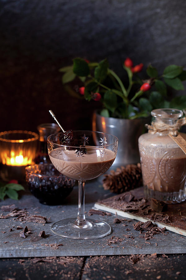 Chocolate Liqueur Served In Vintage Glasses With Dark Cherries Photograph by Jane Saunders