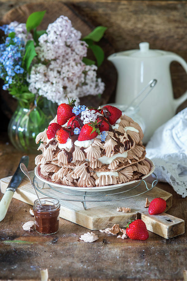 Chocolate Meringue Cake With Fresh Strawberries Photograph by Irina Meliukh