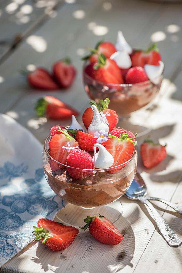 Chocolate Mousse With Berries And Meringue Photograph by Winfried Heinze